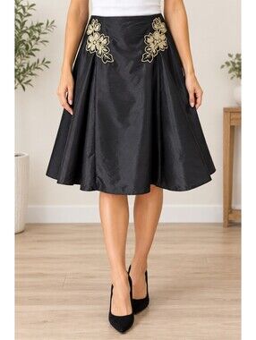 Metro 7 Black Satin Midi Skirt Gold Floral Embroidery A-Line Flared 10